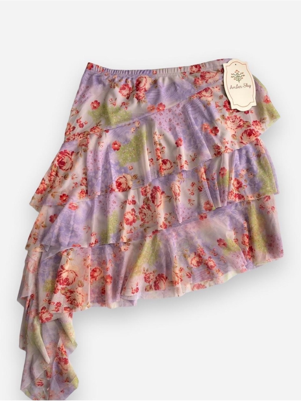Amber Sky Fairycore Floral Asymmetrical Ruffle Purple Skirt - Size L - NWT